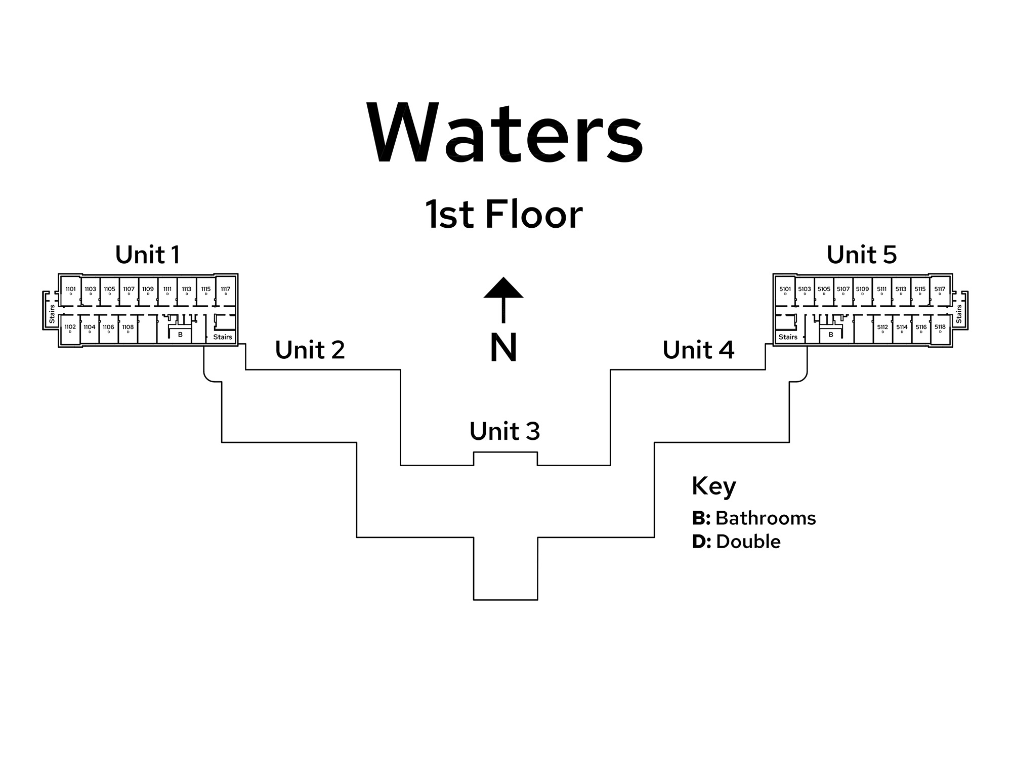 A floor plan image of Waters Residence Hall's 1st floor.