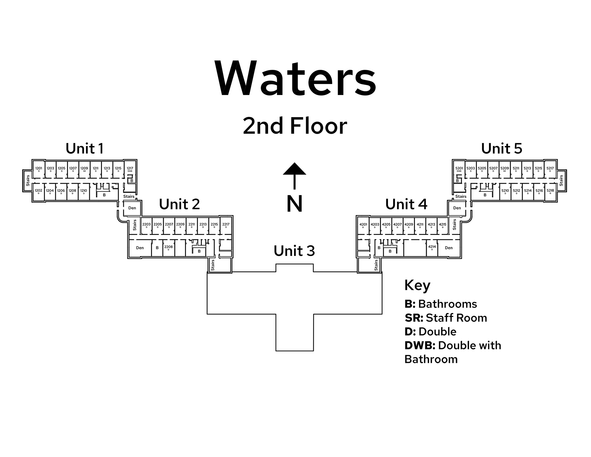 A floor plan image of Waters Residence Hall's 2nd floor.