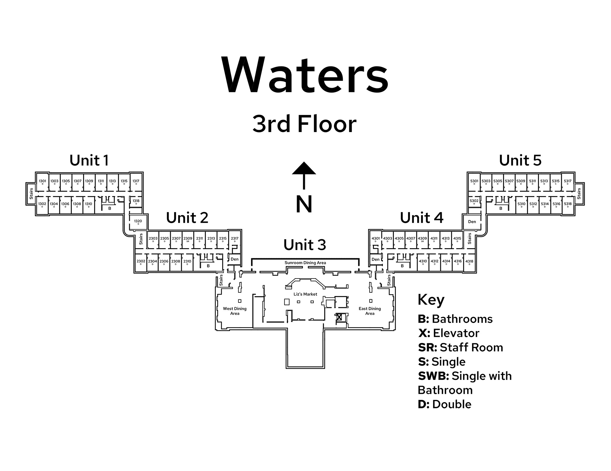 A floor plan image of Waters Residence Hall's 3rd floor.