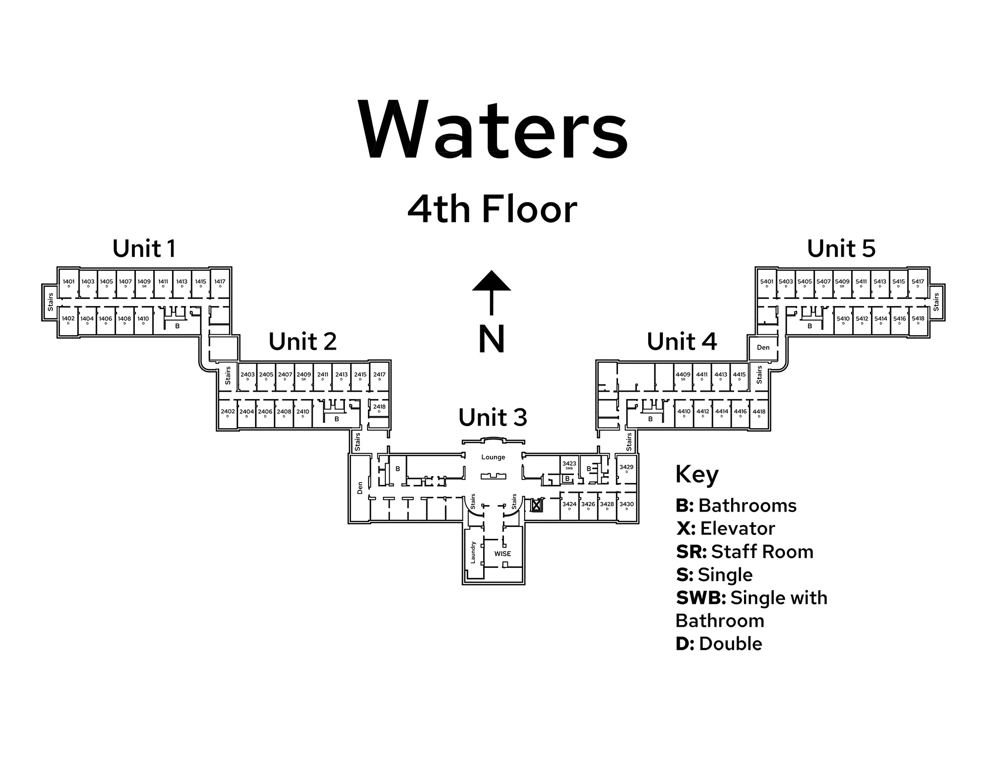 A floor plan image of Waters Residence Hall's 4th floor.