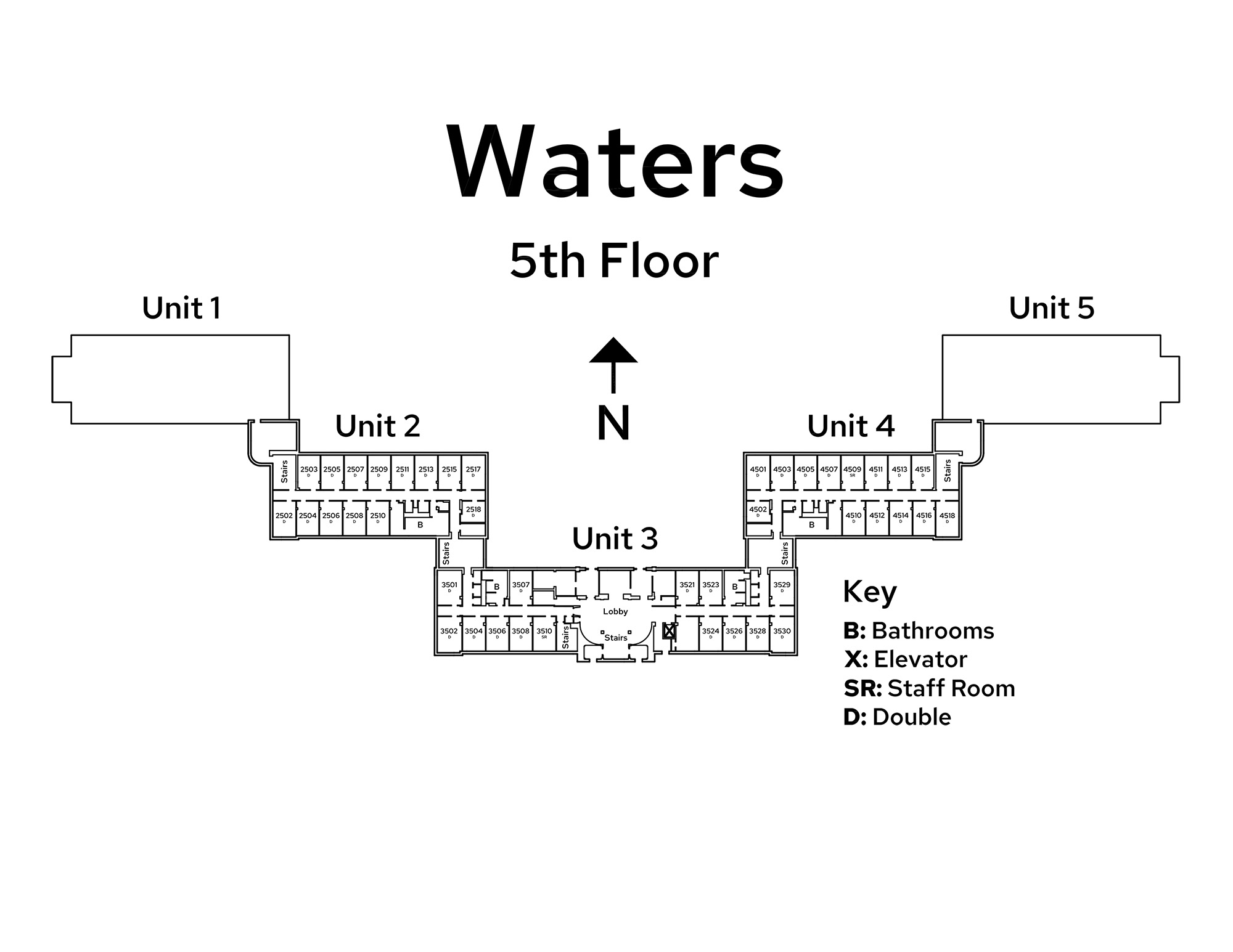 A floor plan image of Waters Residence Hall's 5th floor.