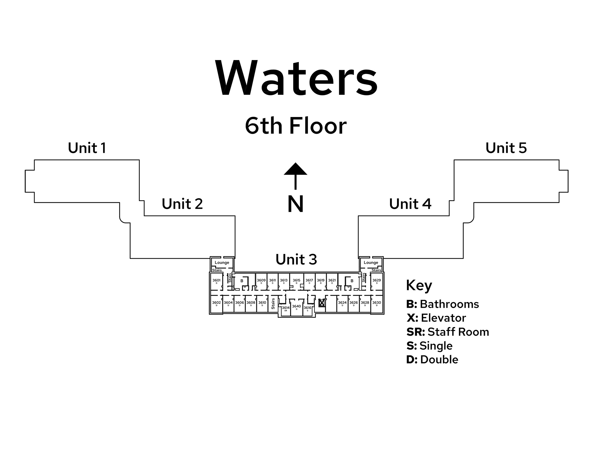 A floor plan image of Waters Residence Hall's 6th floor.