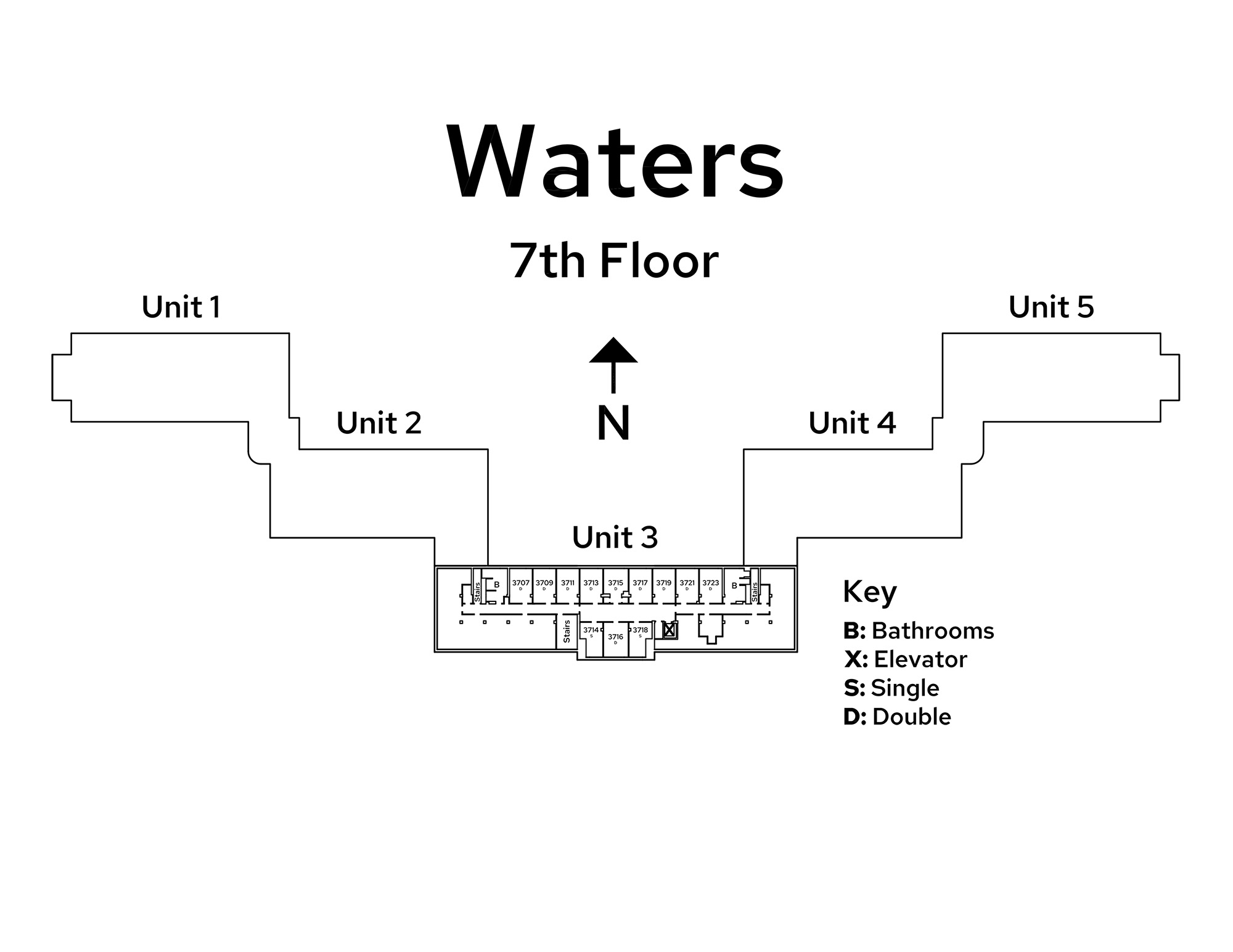 A floor plan image of Waters Residence Hall's 7th floor.