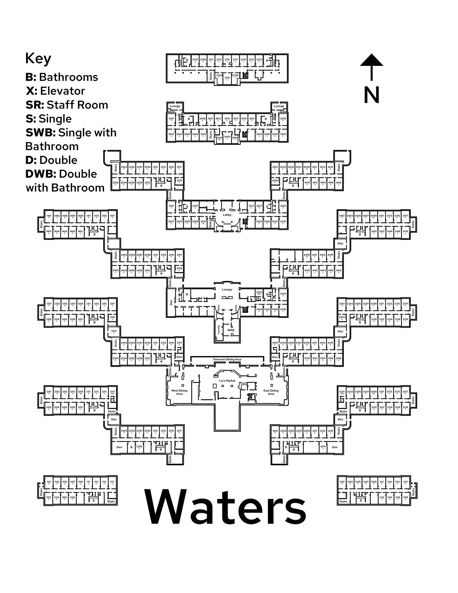 A floor plan image of all floors in Waters Residence Hall.