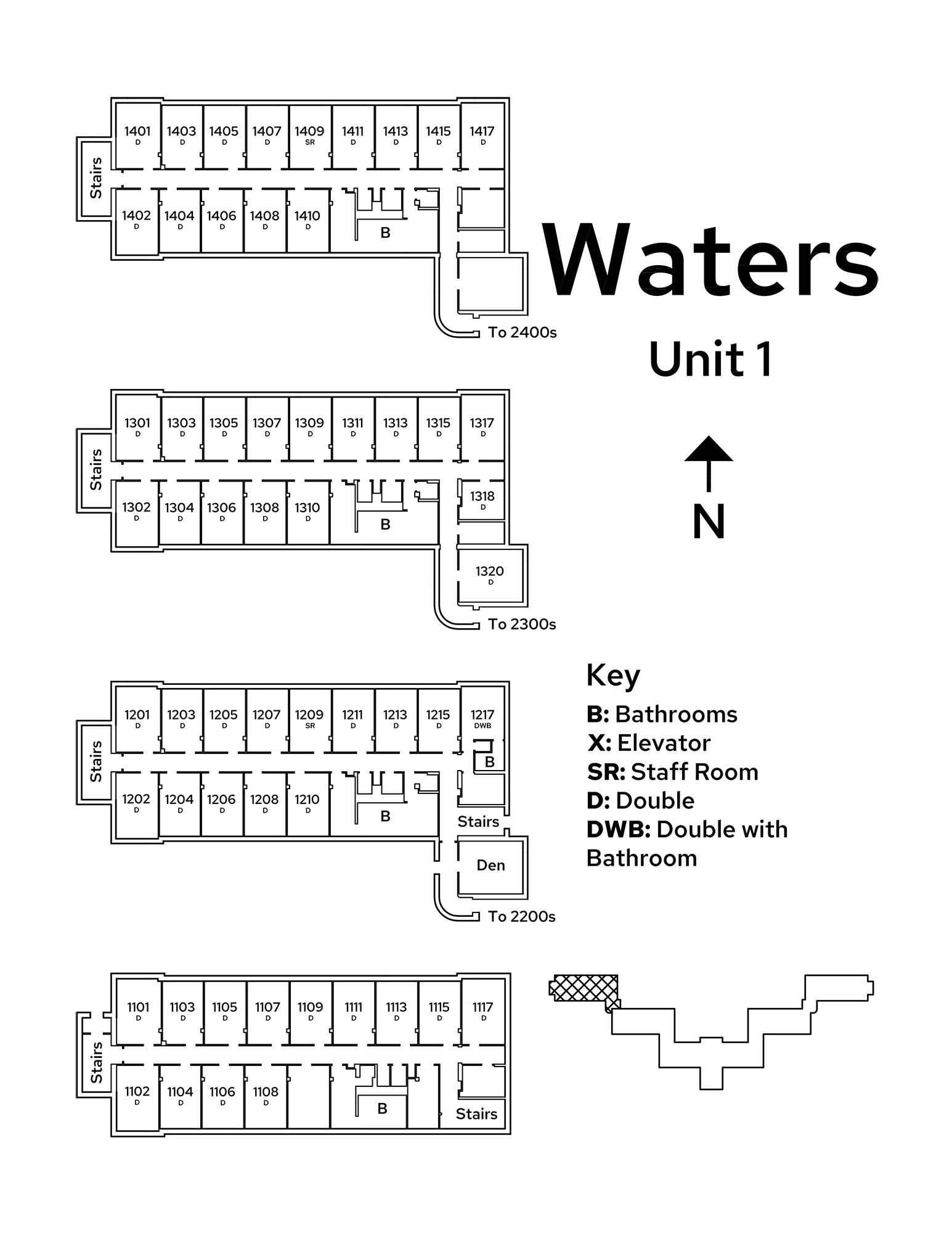 A floor plan image of Unit 1 in Waters Residence Hall.