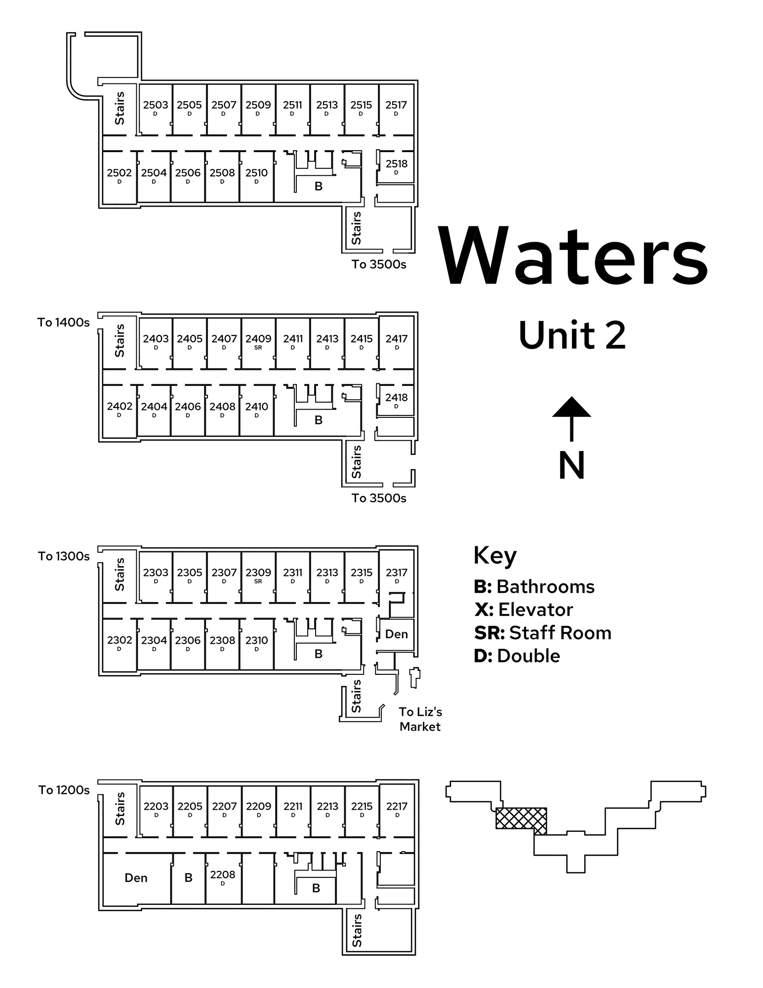 A floor plan image of Unit 2 in Waters Residence Hall.