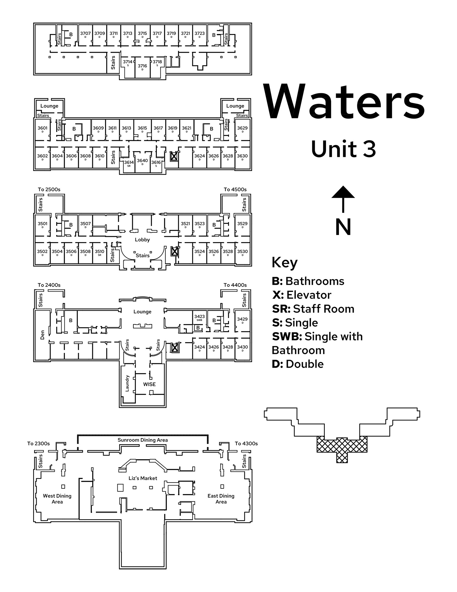 A floor plan image of Unit 3 in Waters Residence Hall.