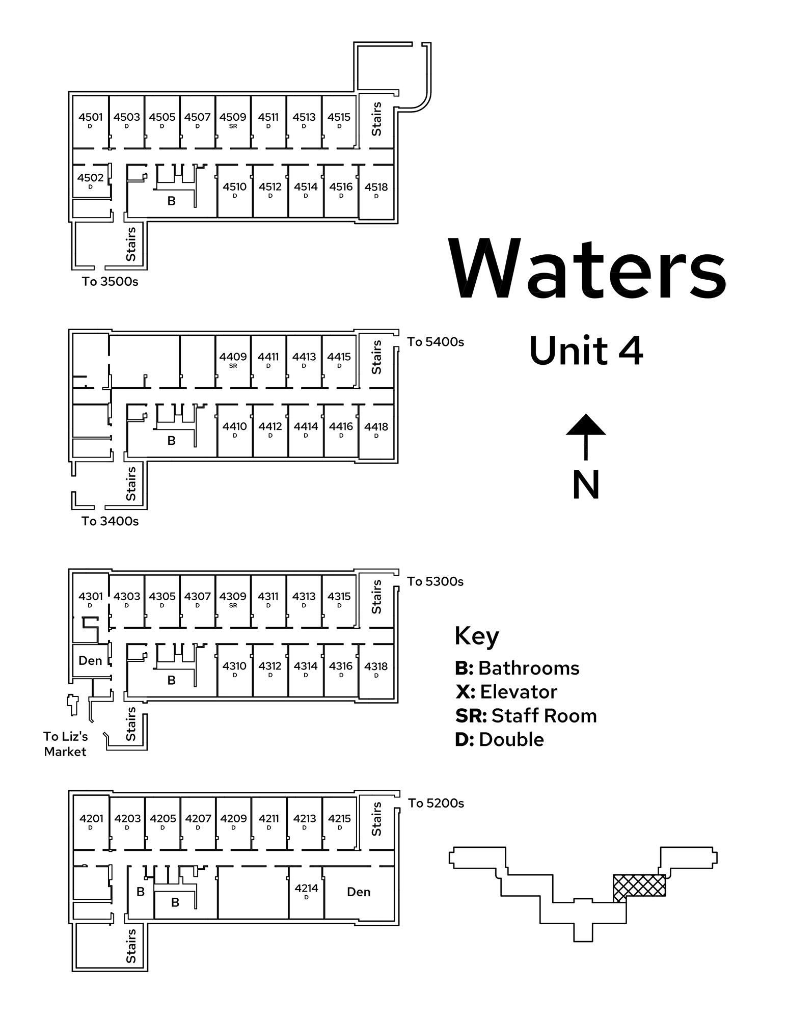 A floor plan image of Unit 4 in Waters Residence Hall.