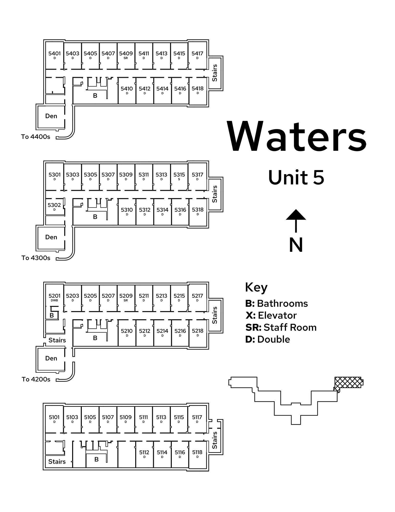 A floor plan image of Unit 5 in Waters Residence Hall.