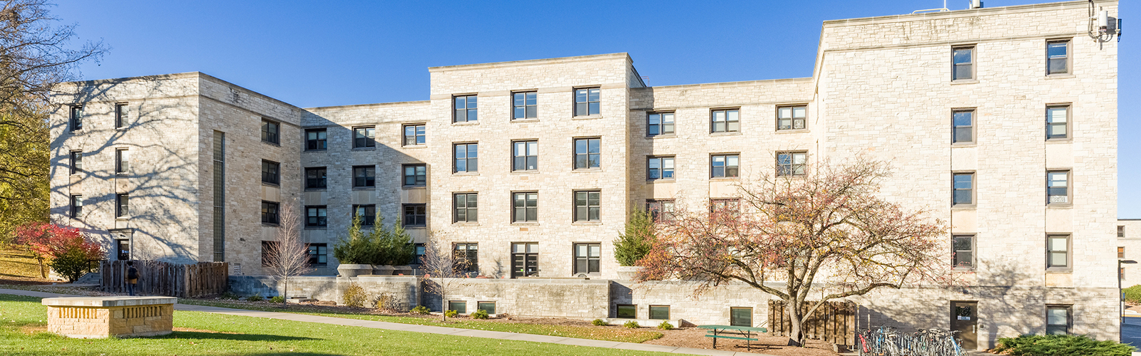 Exterior photo of Slichter Residence Hall in the fall