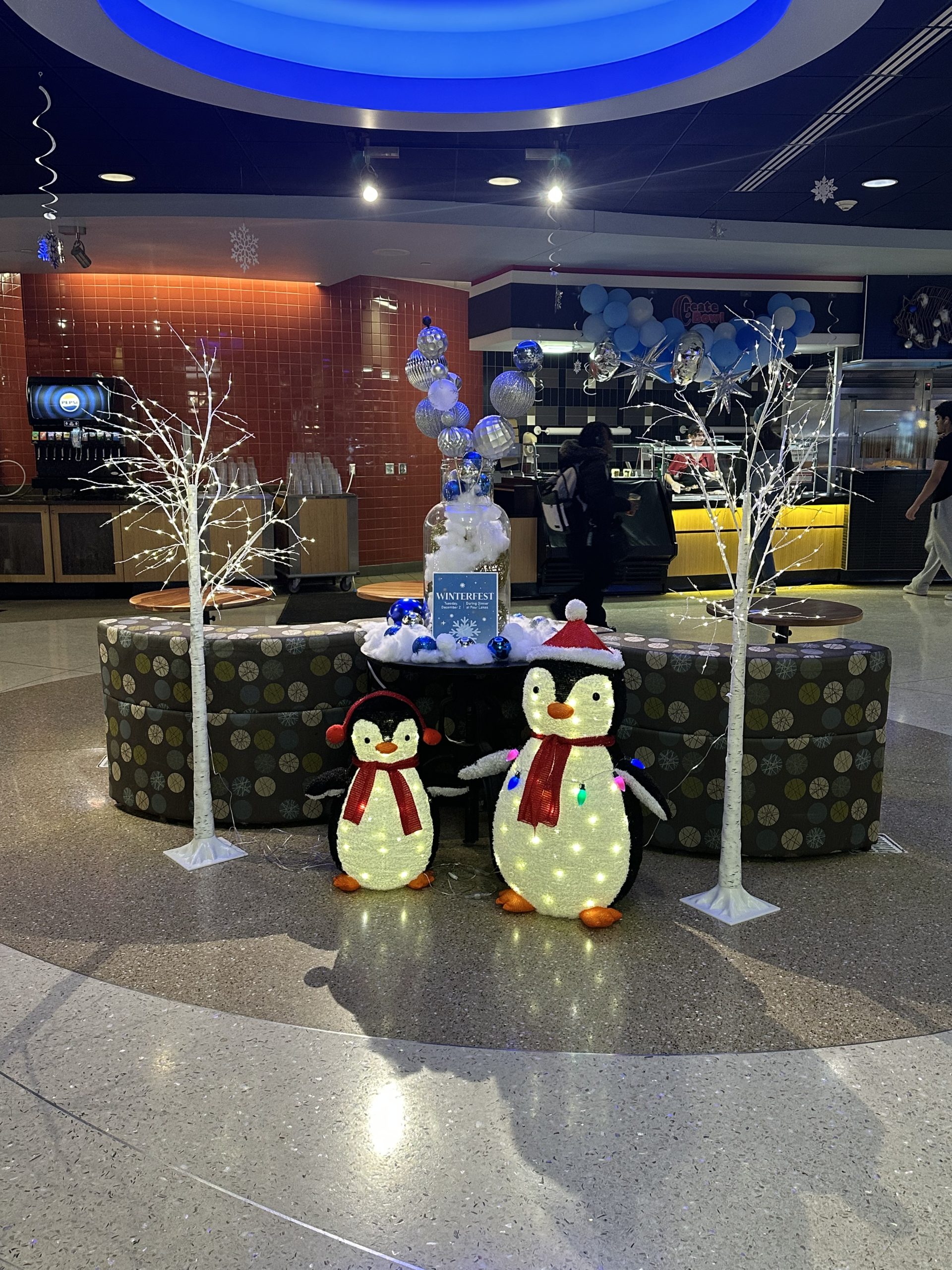 Winterfest special event decor and penguins at Four Lakes