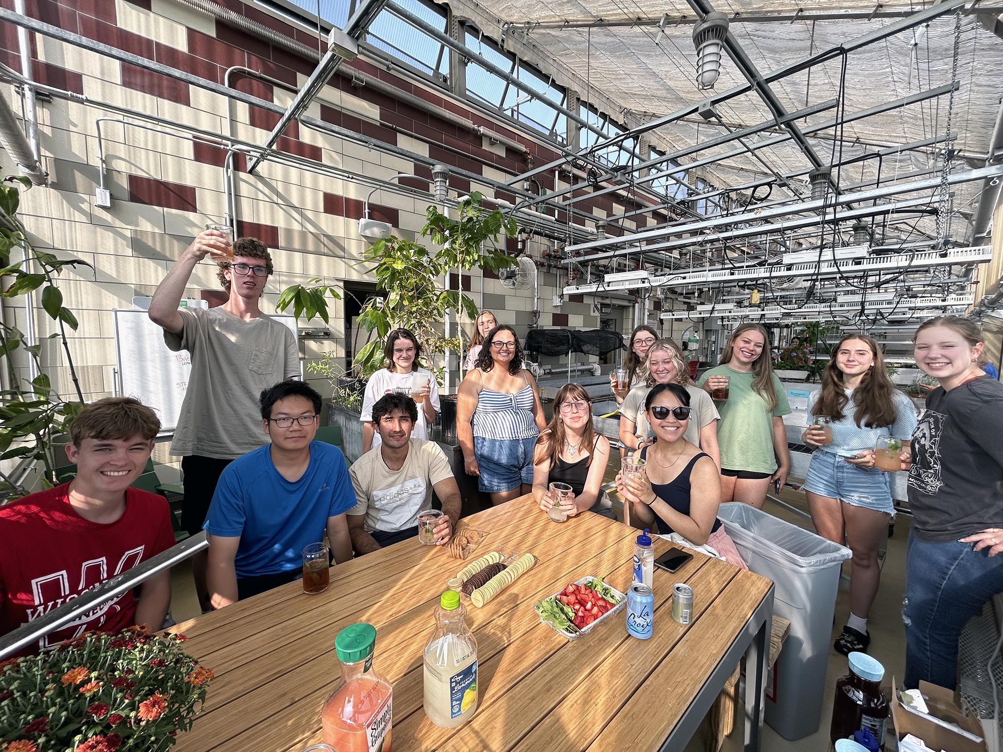 A group of people gather around a table with food and drinks in a rooftop greenhouse.