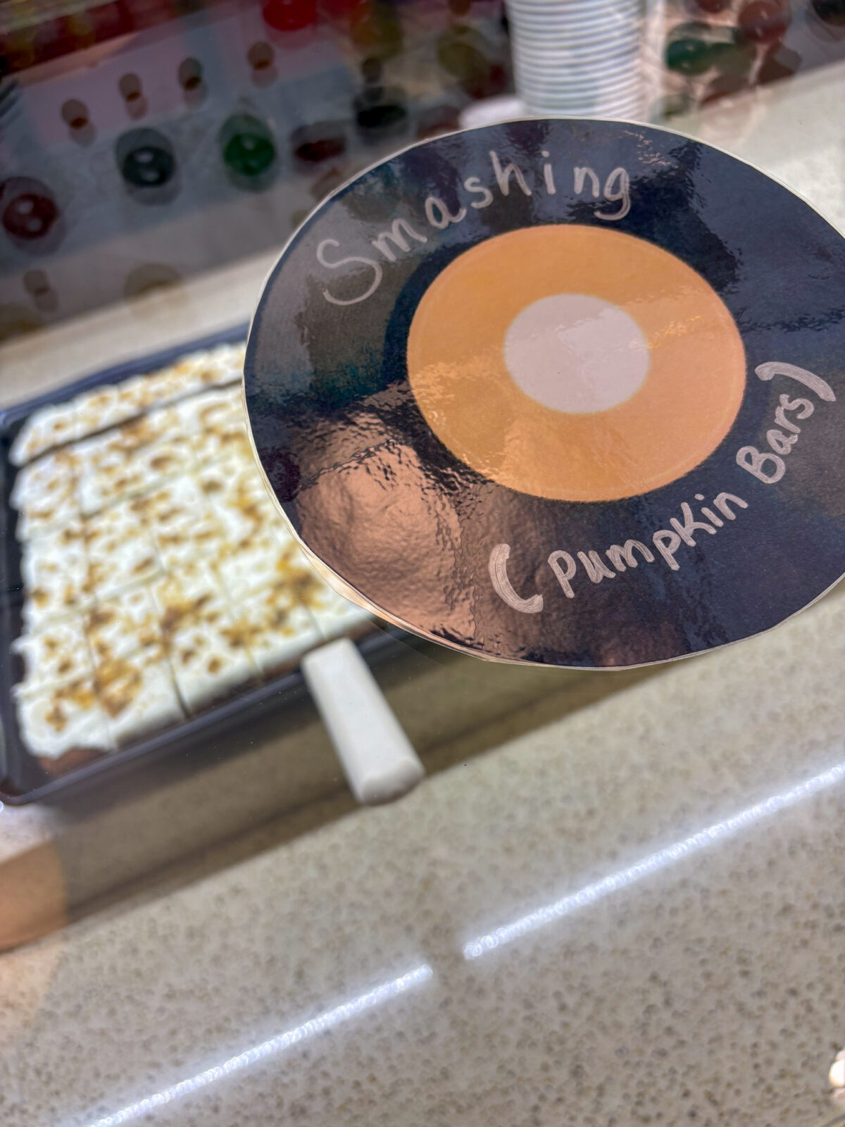Smashing Pumpkin Bars record sign with pumpkin bars in background