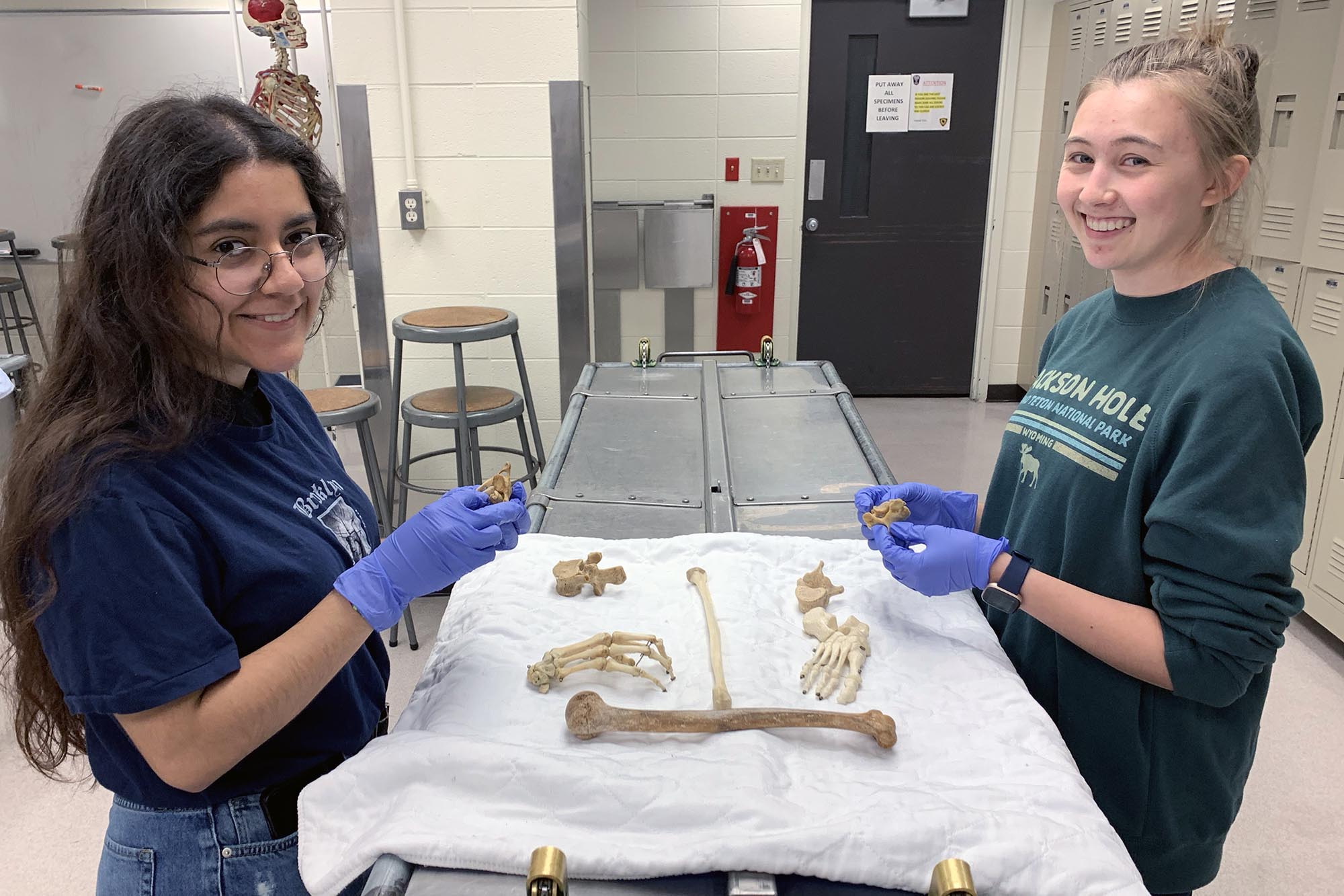 Two people in a lab hold animal bones, with more bones on a table in front of them.