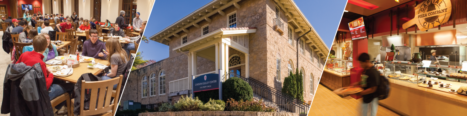 Carson's dining area, exterior of Carson Gulley Center, and student inside Carson's Market