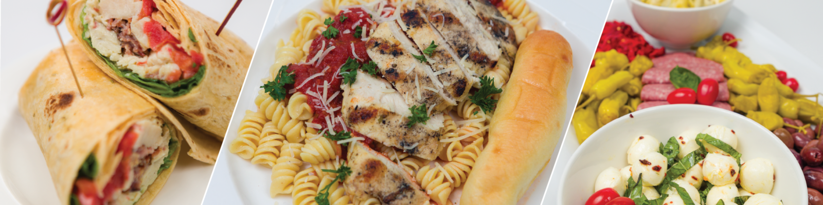 Catering wraps, chicken and pasta, and mediterranean platter
