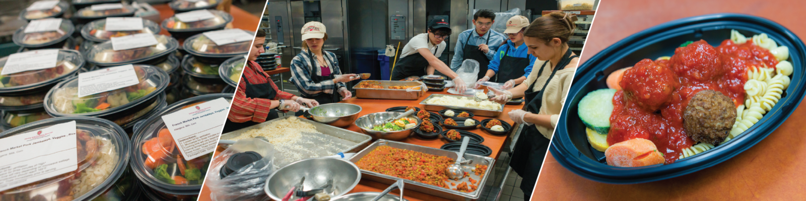 Nutrition Access program's packaged food, student volunteers working, and one meal