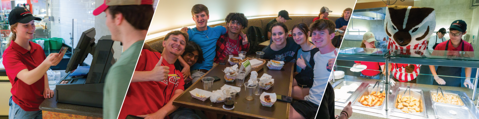 Dining cashier swiping wiscard, students pose for photo at dining table, Bucky assists serving food