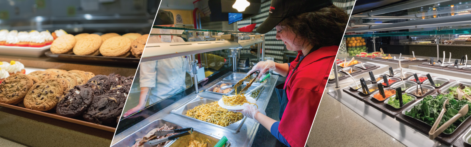 Cookies on display, dining student employee serving food, salad bar