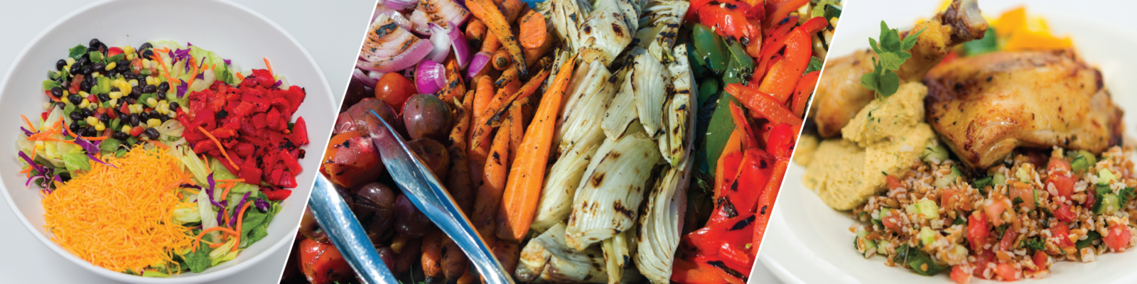 Catering salad, grilled vegetables, plated chicken