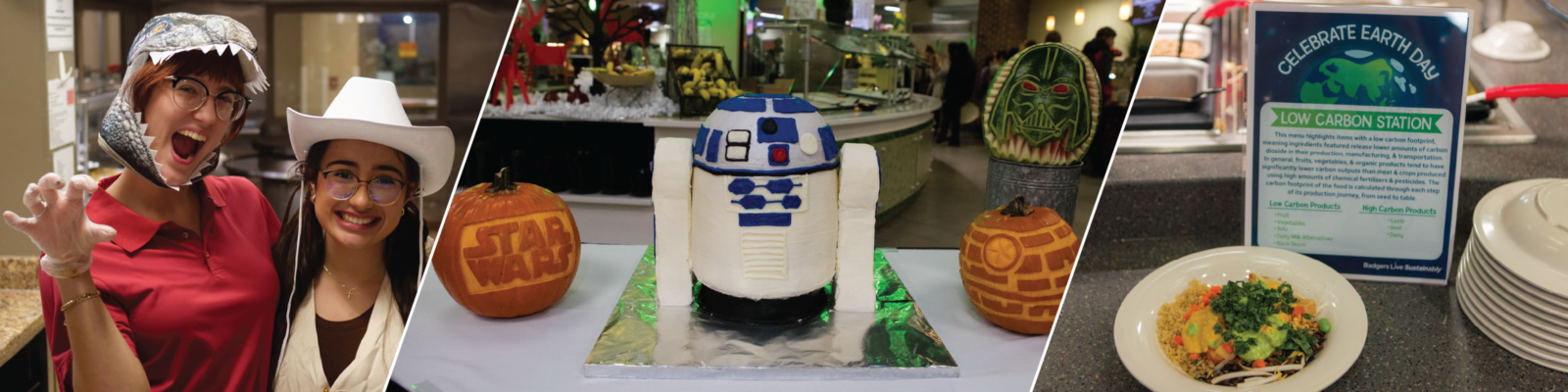 Dining student employees dressed up for Halloween, R2D2 cake, Earth Day lunch plated meal