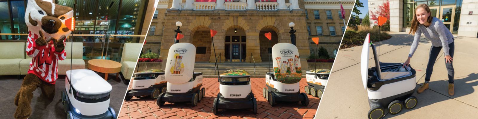 Bucky with Starship, Tractor Beverage wraps on Starship at Bascom, student posing with an opened Starship