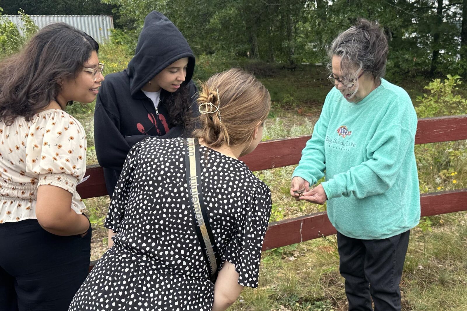 Three people looking at seeds that a fourth person is holding in their hand.