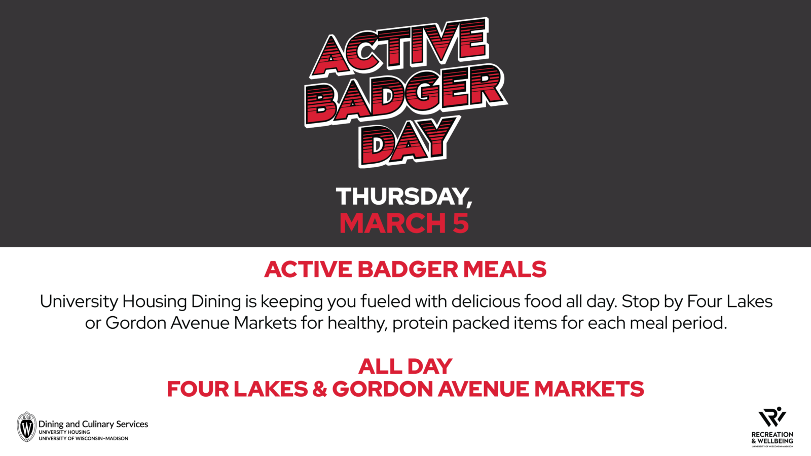 Active Badger Day meals at Four Lakes and Gordon Avenue Market graphic