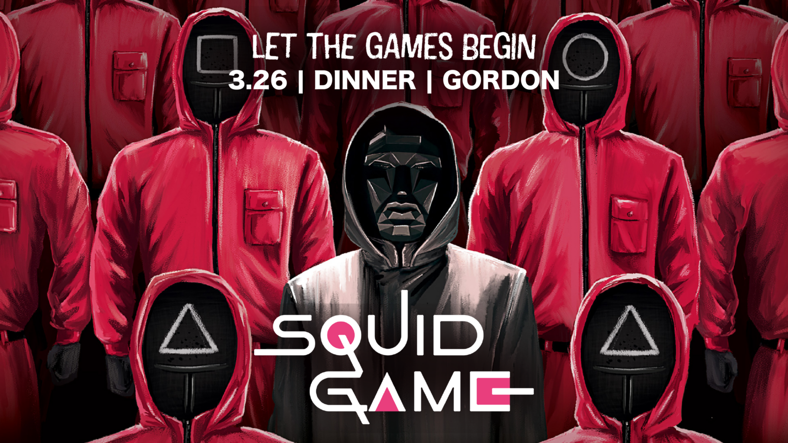 Squid Game dining special event graphic design with event info