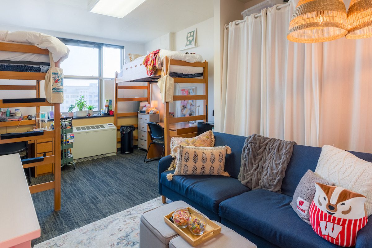 Furnished and decorated room in Ogg Residence Hall.