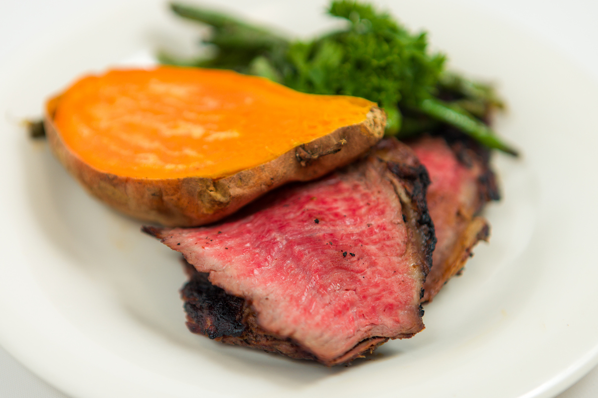 Sweet potato, steak, and asparagus