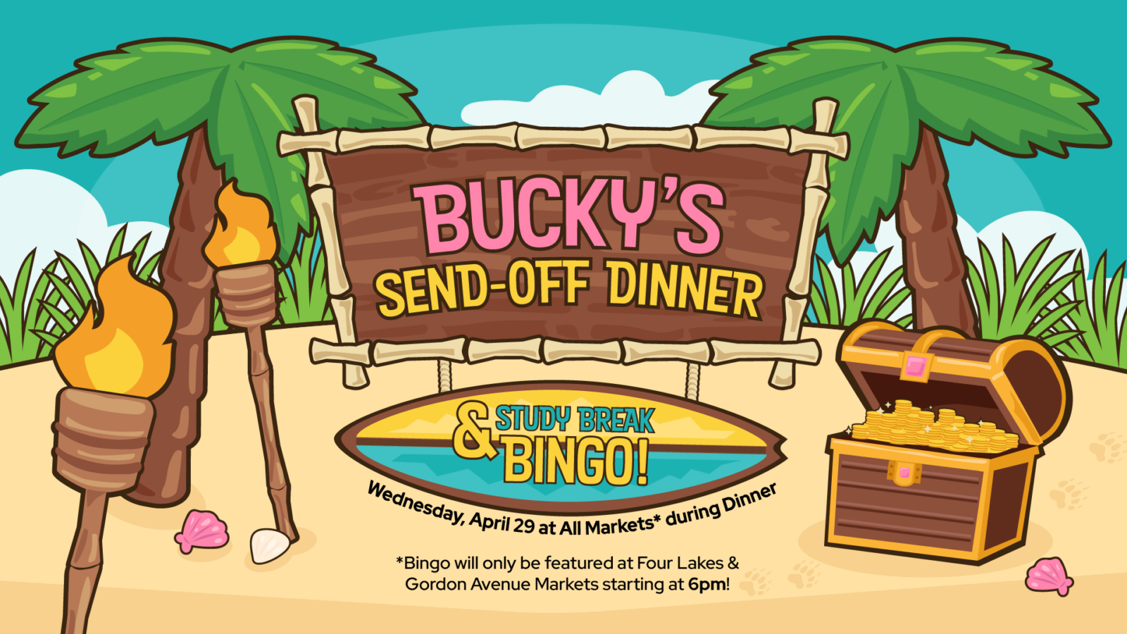 Bucky's Send-Off Dinner and Study Break Bingo special event design with event details