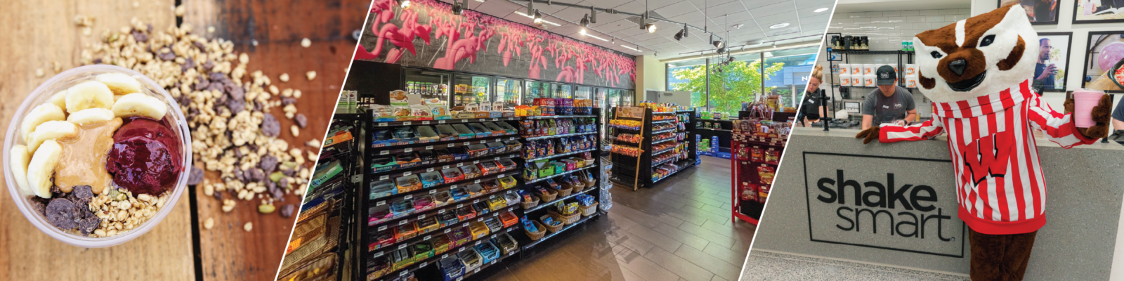 shake smart acai bowl, flamingo run interior, Bucky at shake smart