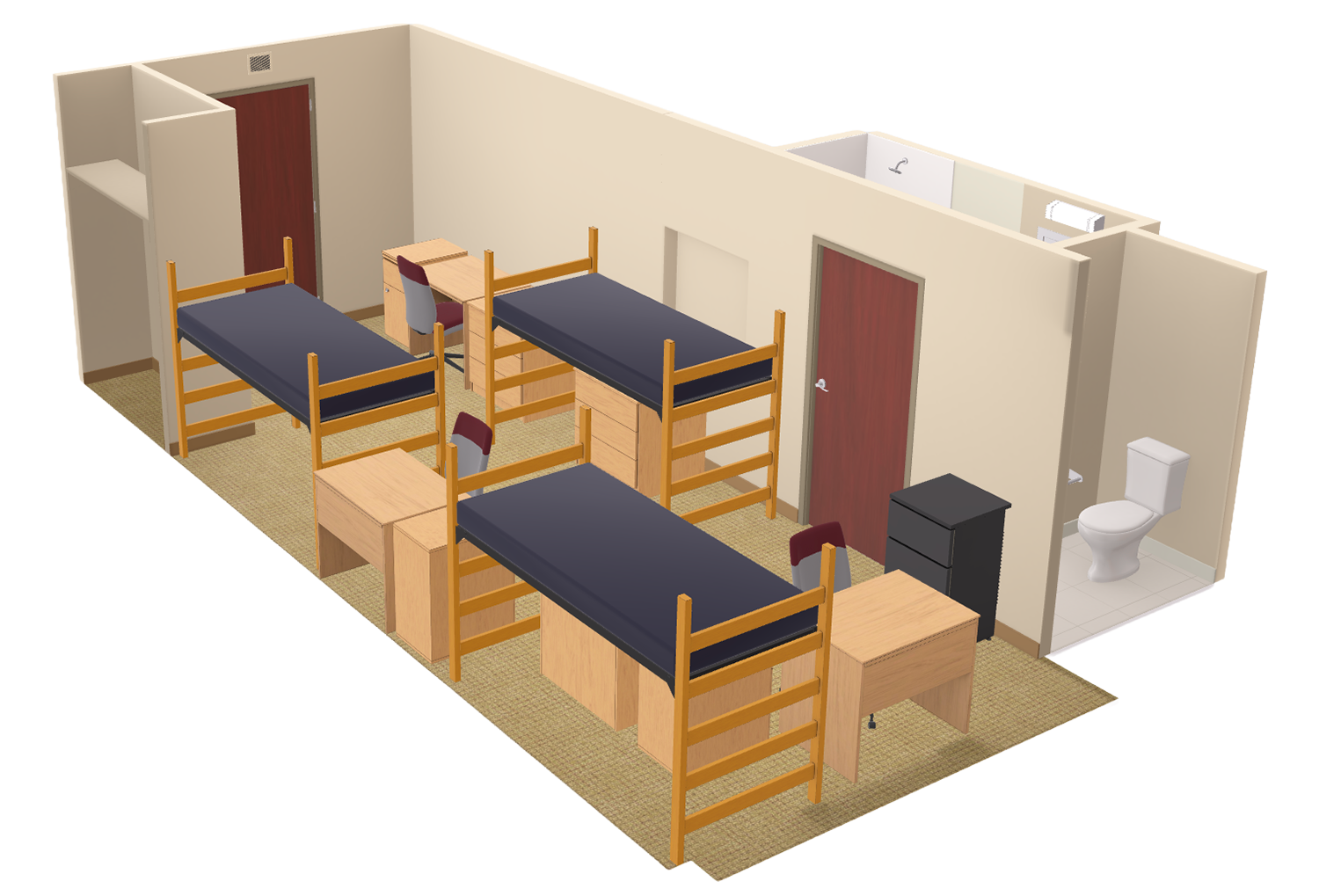 Lowell Type B Triple With Bath 3D model side view