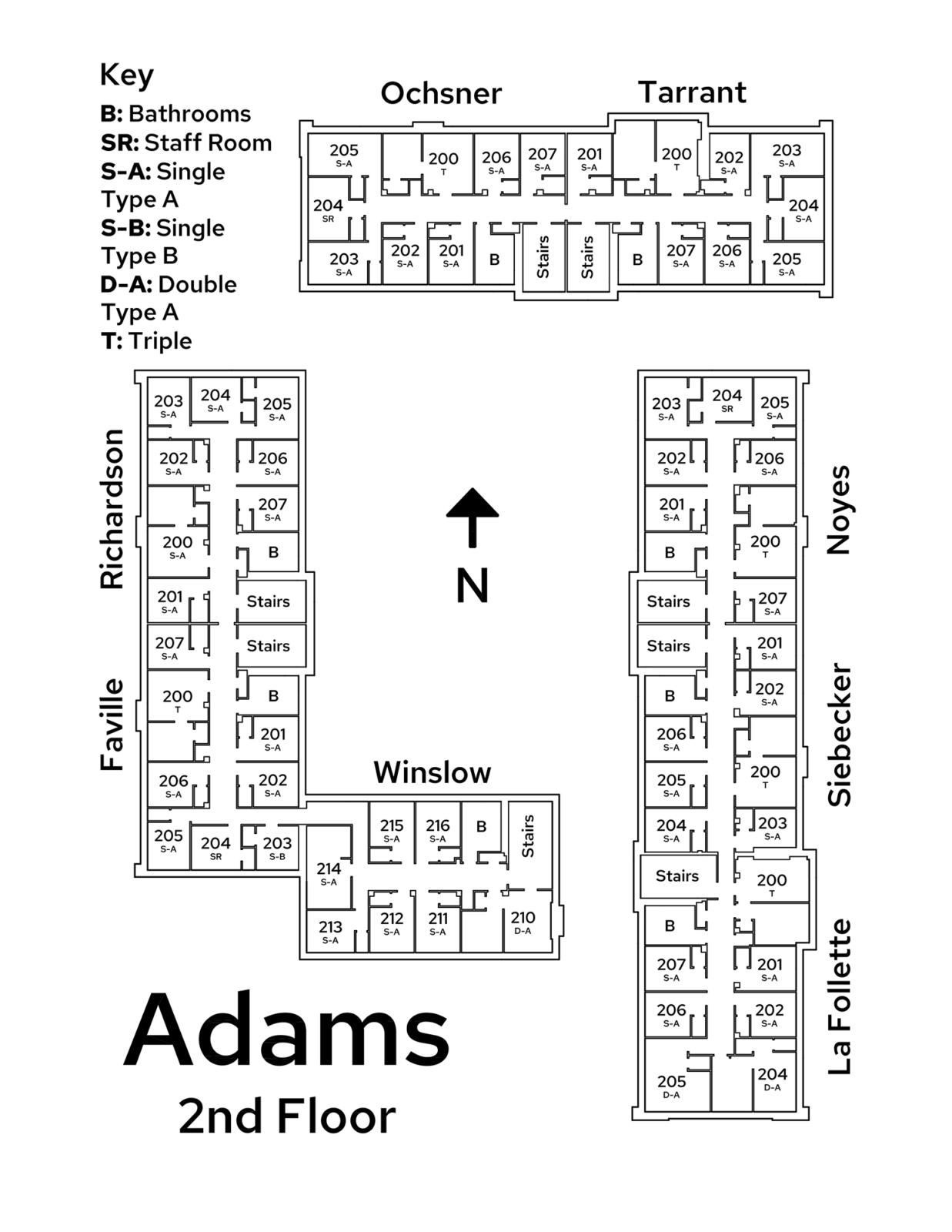 A floor plan image of Adams Residence Hall's 2nd floor.