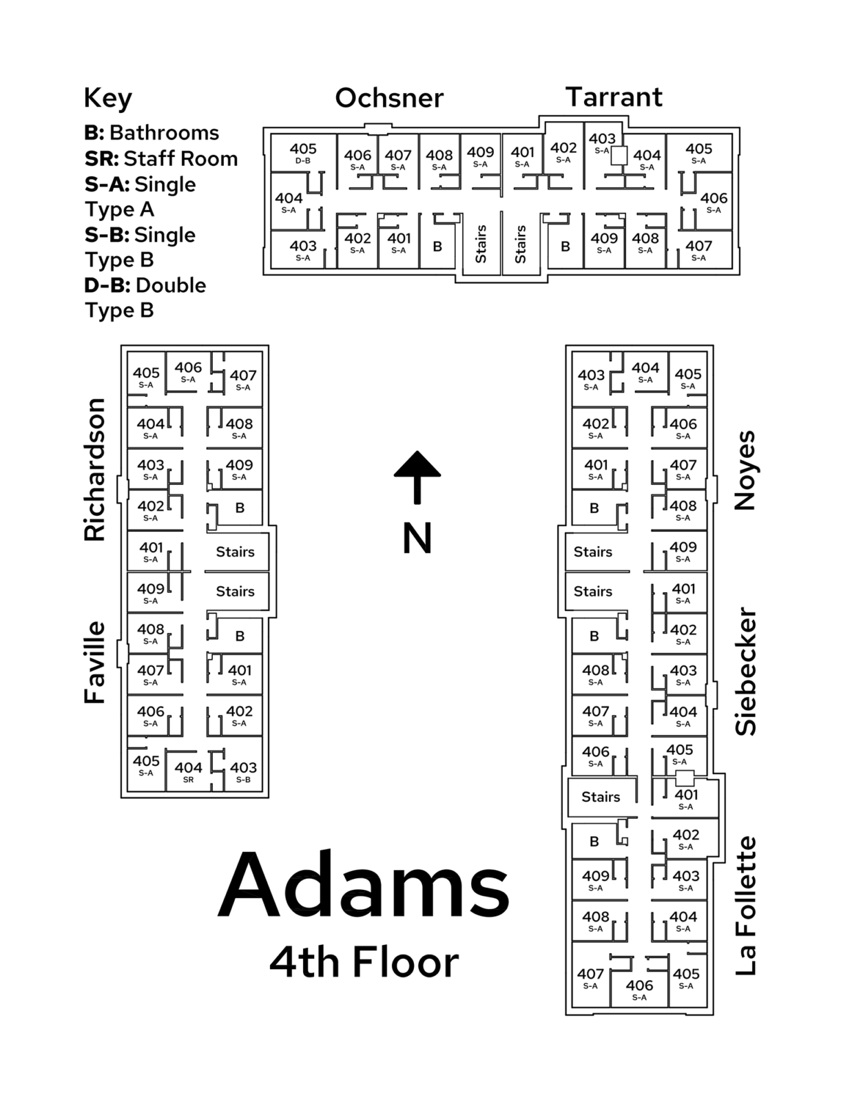 A floor plan image of Adams Residence Hall's 4th floor.