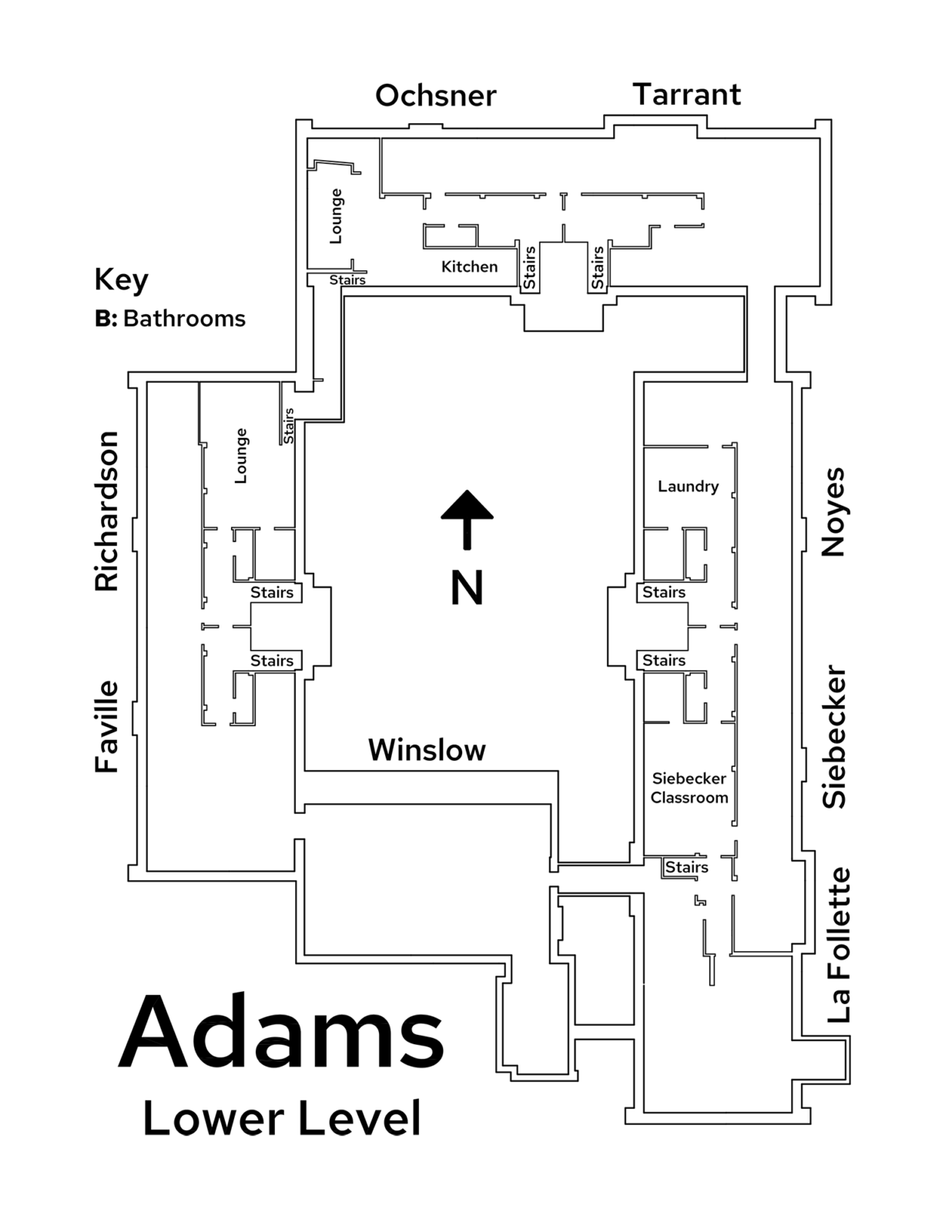 A floor plan image of Adams Residence Hall's lower level.