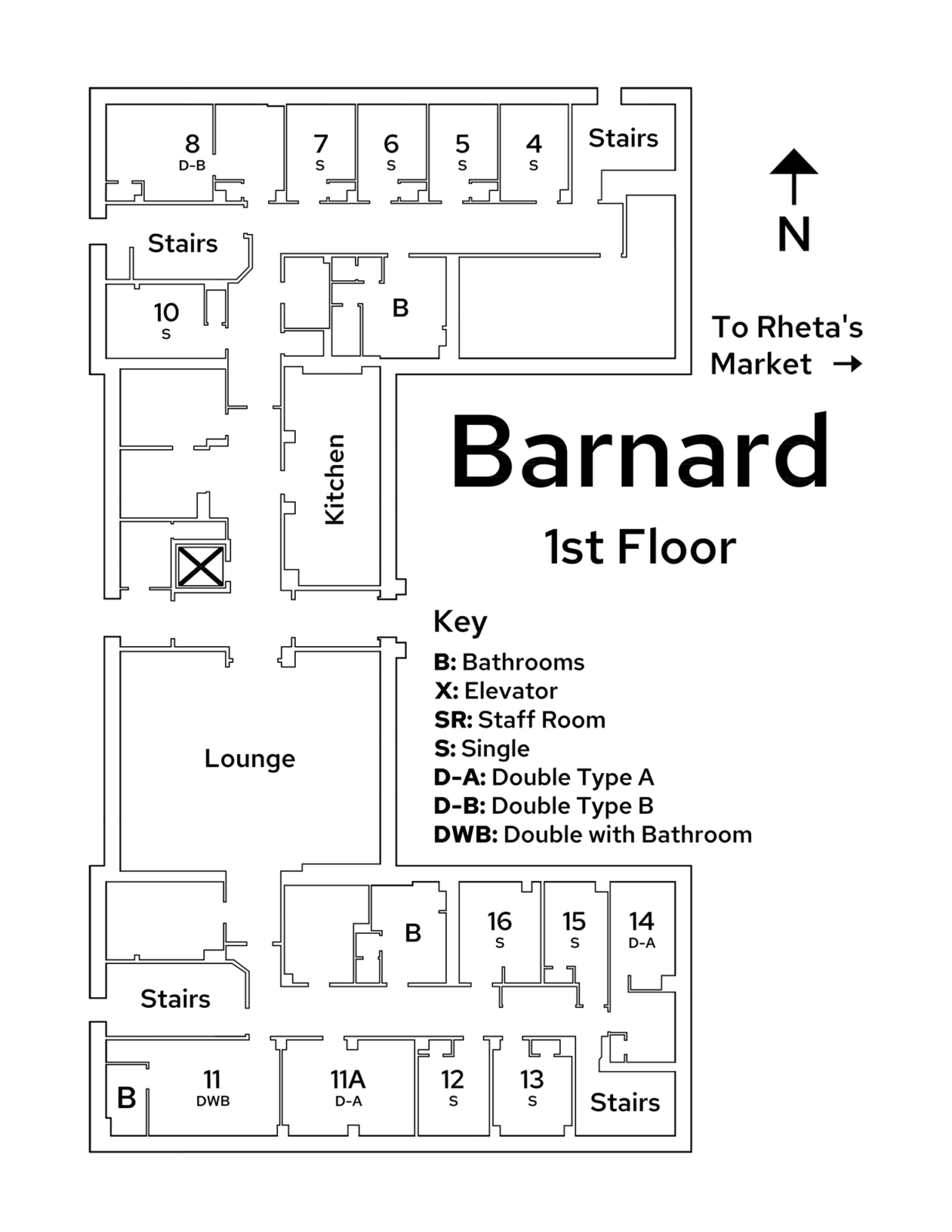A floor plan image of Barnard Residence Hall's 1st floor.