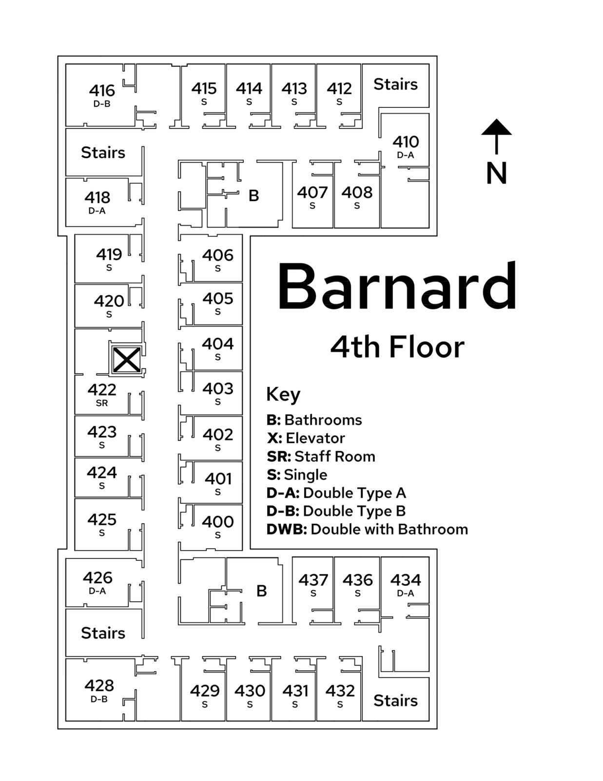 A floor plan image of Barnard Residence Hall's 4th floor.