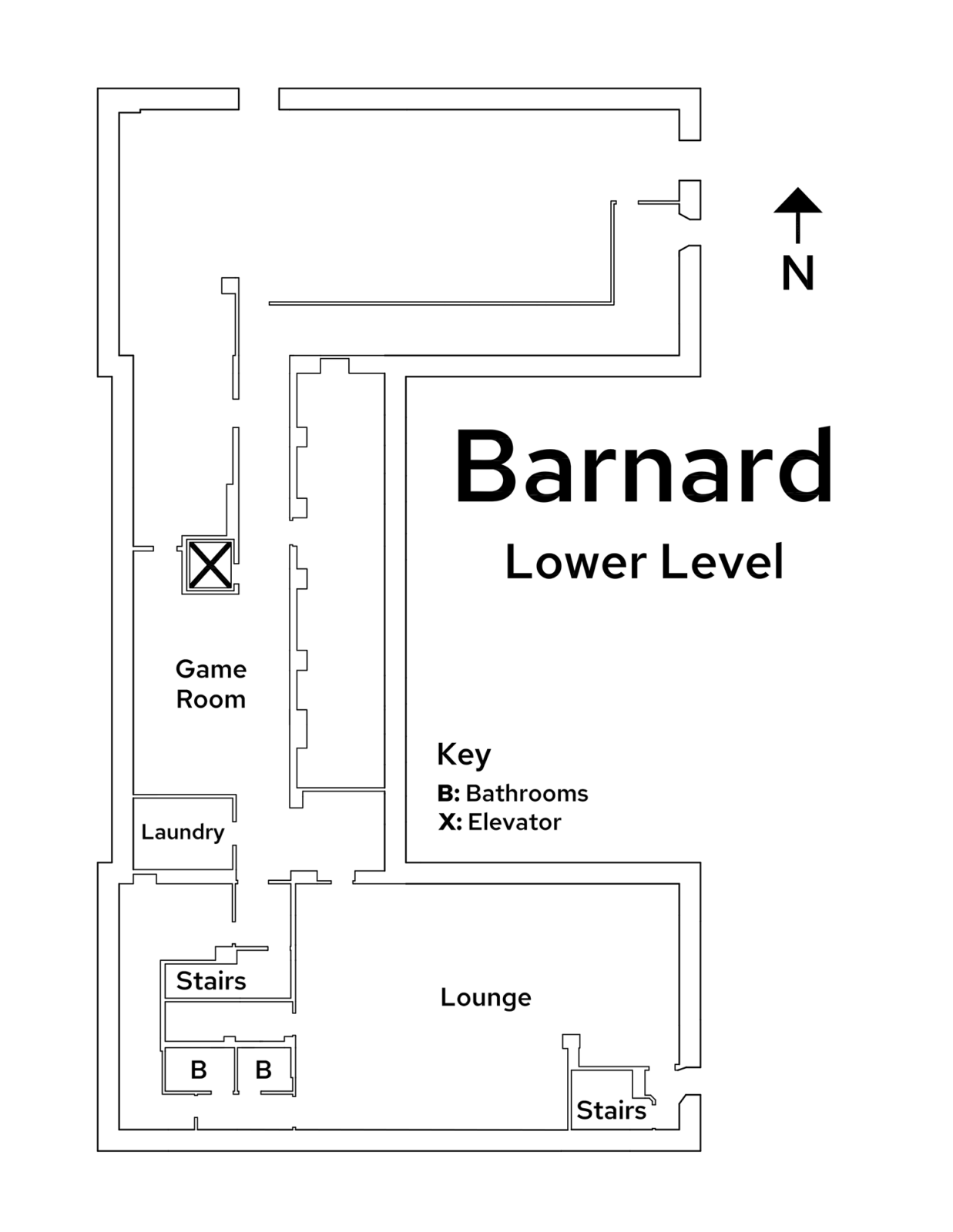 A floor plan image of Barnard Residence Hall's lower level.