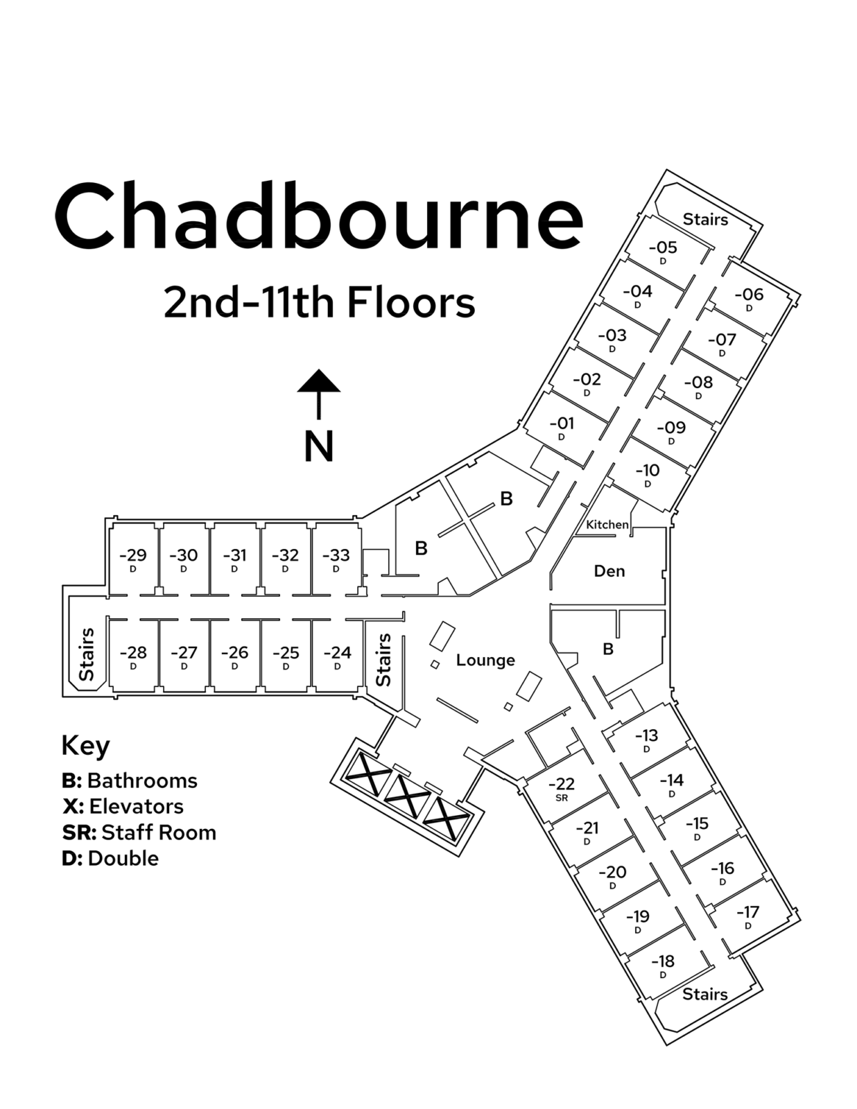 A floor plan image of Chadbourne Residence Hall's 2nd – 11th floors.