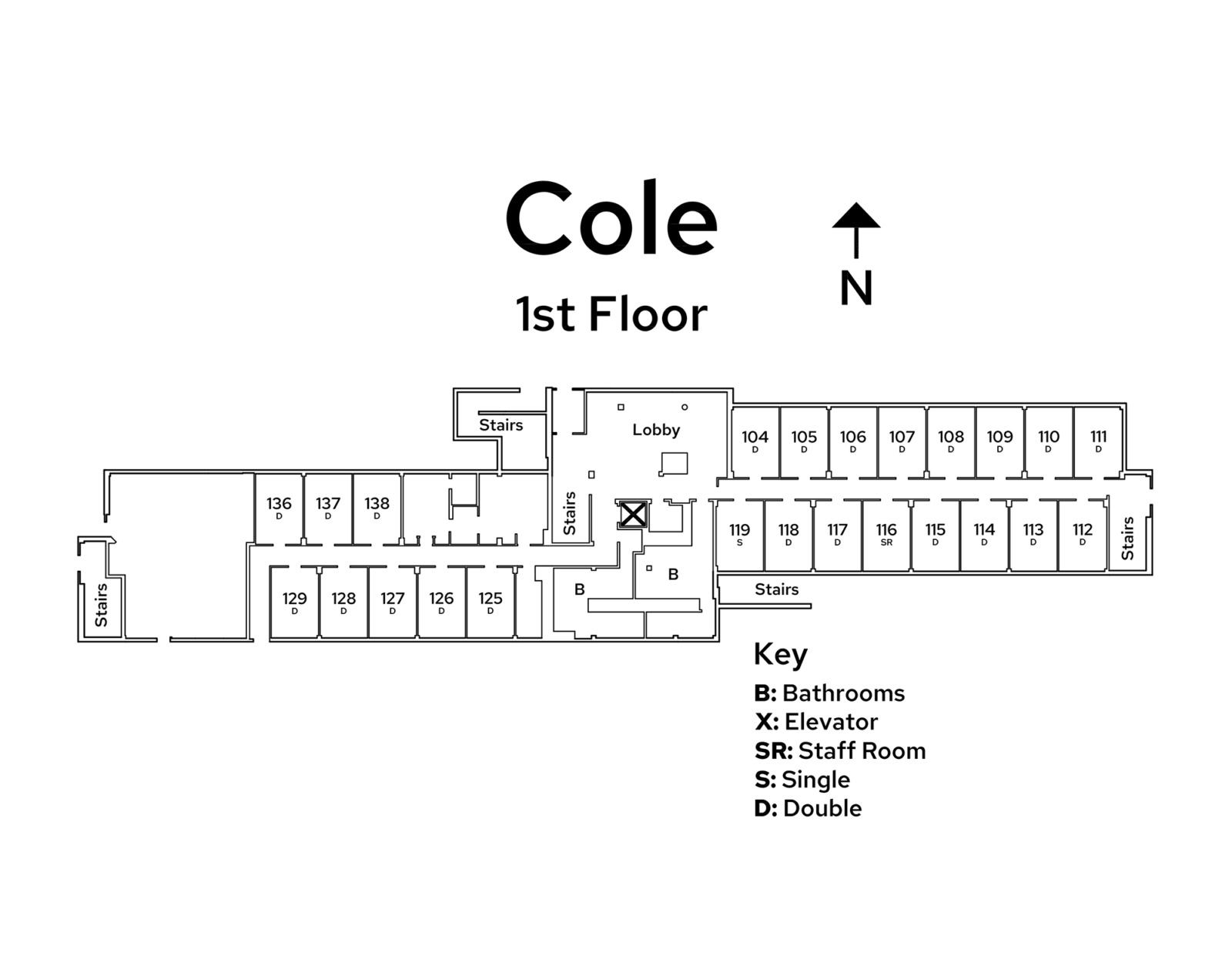 A floor plan image of Cole Residence Hall's 1st floor.
