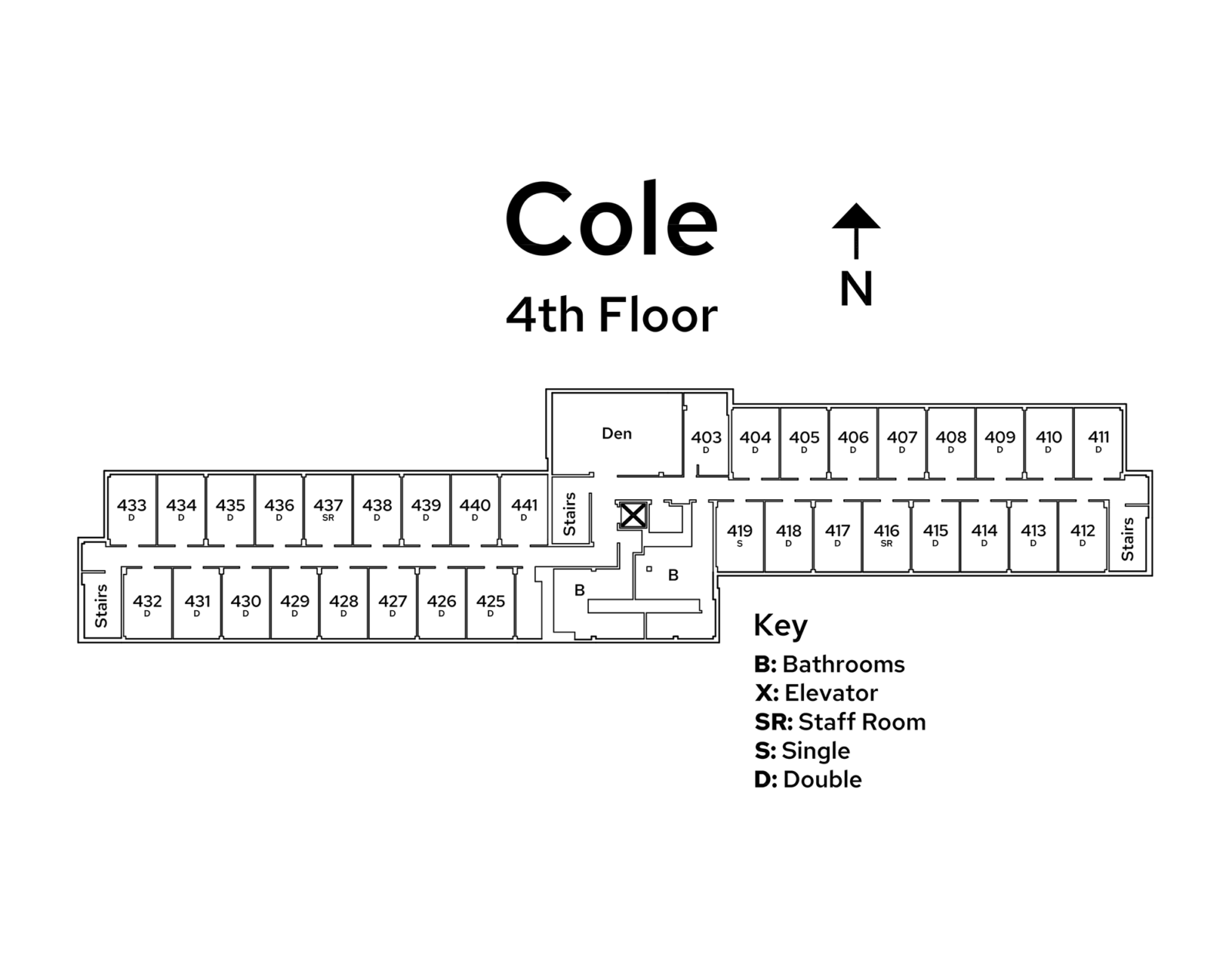 A floor plan image of Cole Residence Hall's 4th floor.
