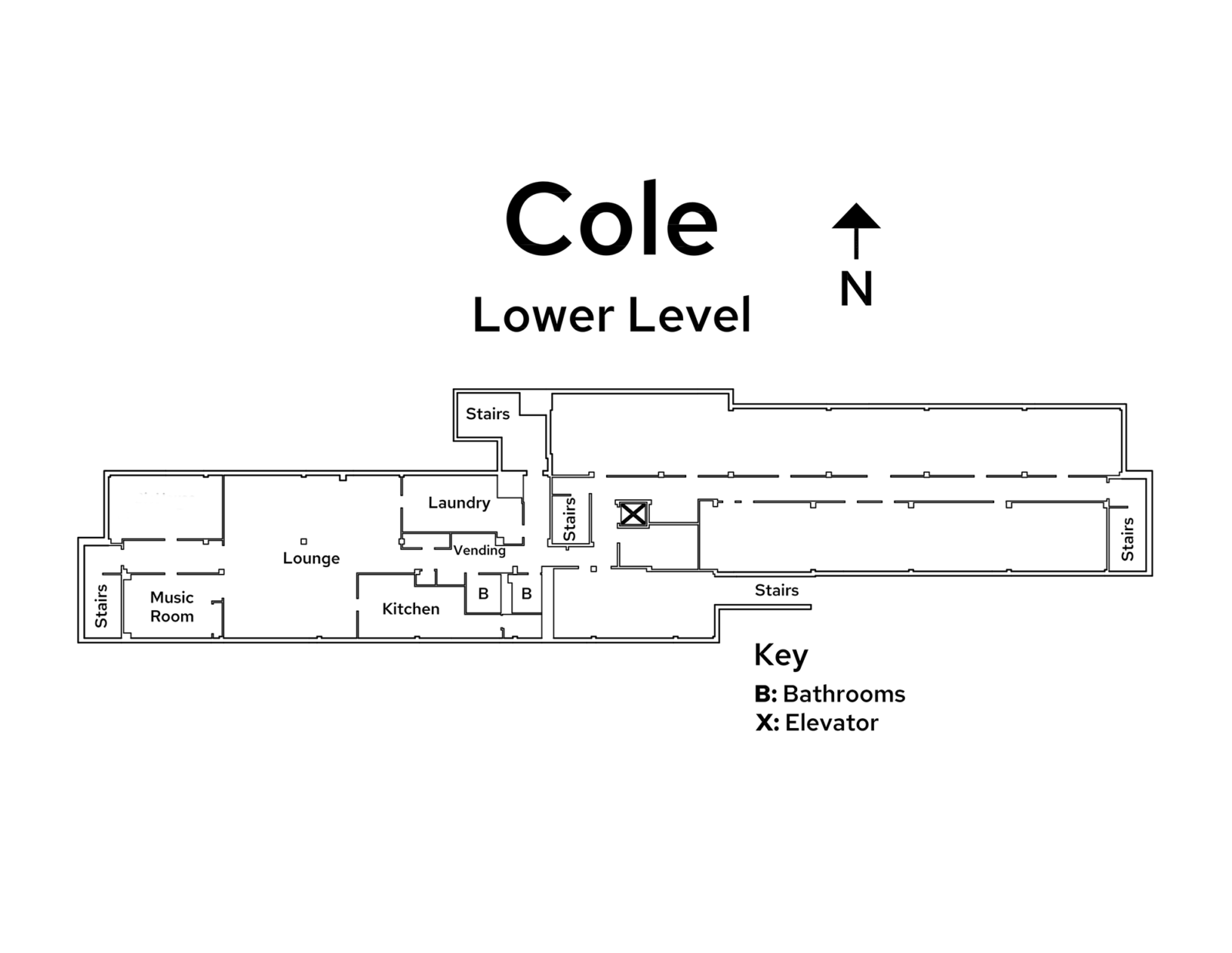 A floor plan image of Cole Residence Hall's lower level.