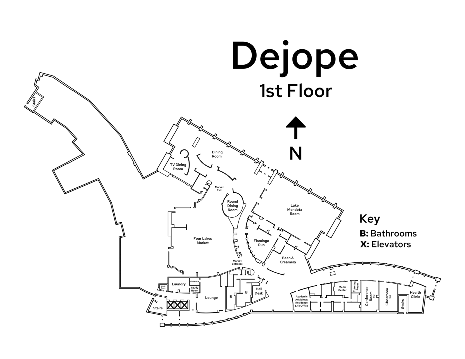 A floor plan image of Dejope Residence Hall's 1st floor.