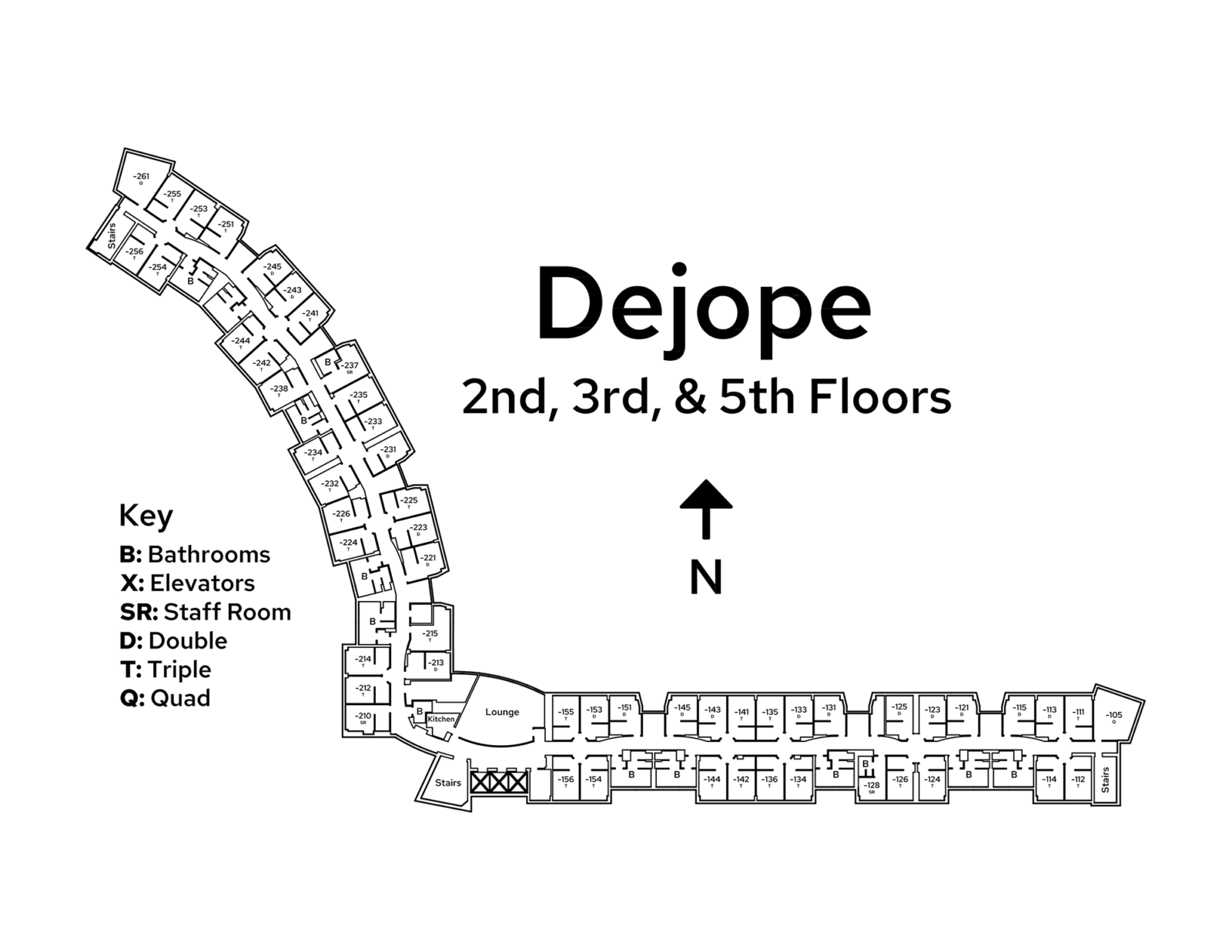 A floor plan image of Dejope Residence Hall's 2nd, 3rd, & 5th floors.