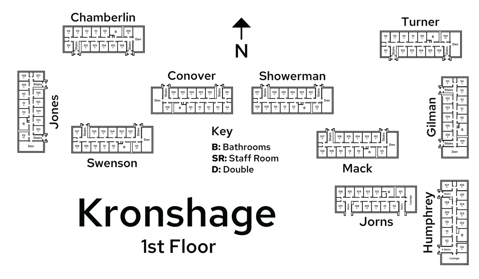 A floor plan image of Kronshage Residence Hall's 1st floor.