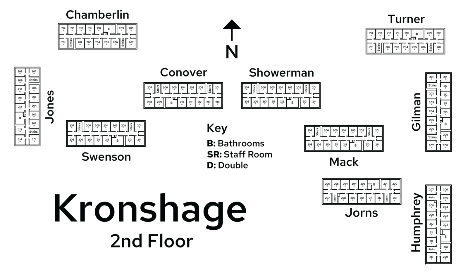 A floor plan image of Kronshage Residence Hall's 2nd floor.