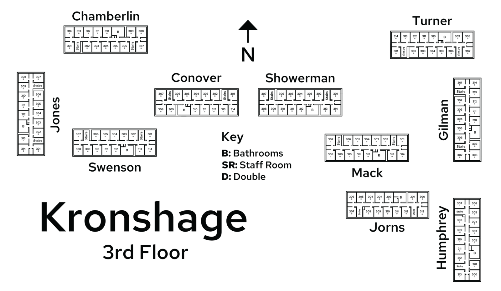 A floor plan image of Kronshage Residence Hall's 3rd floor.