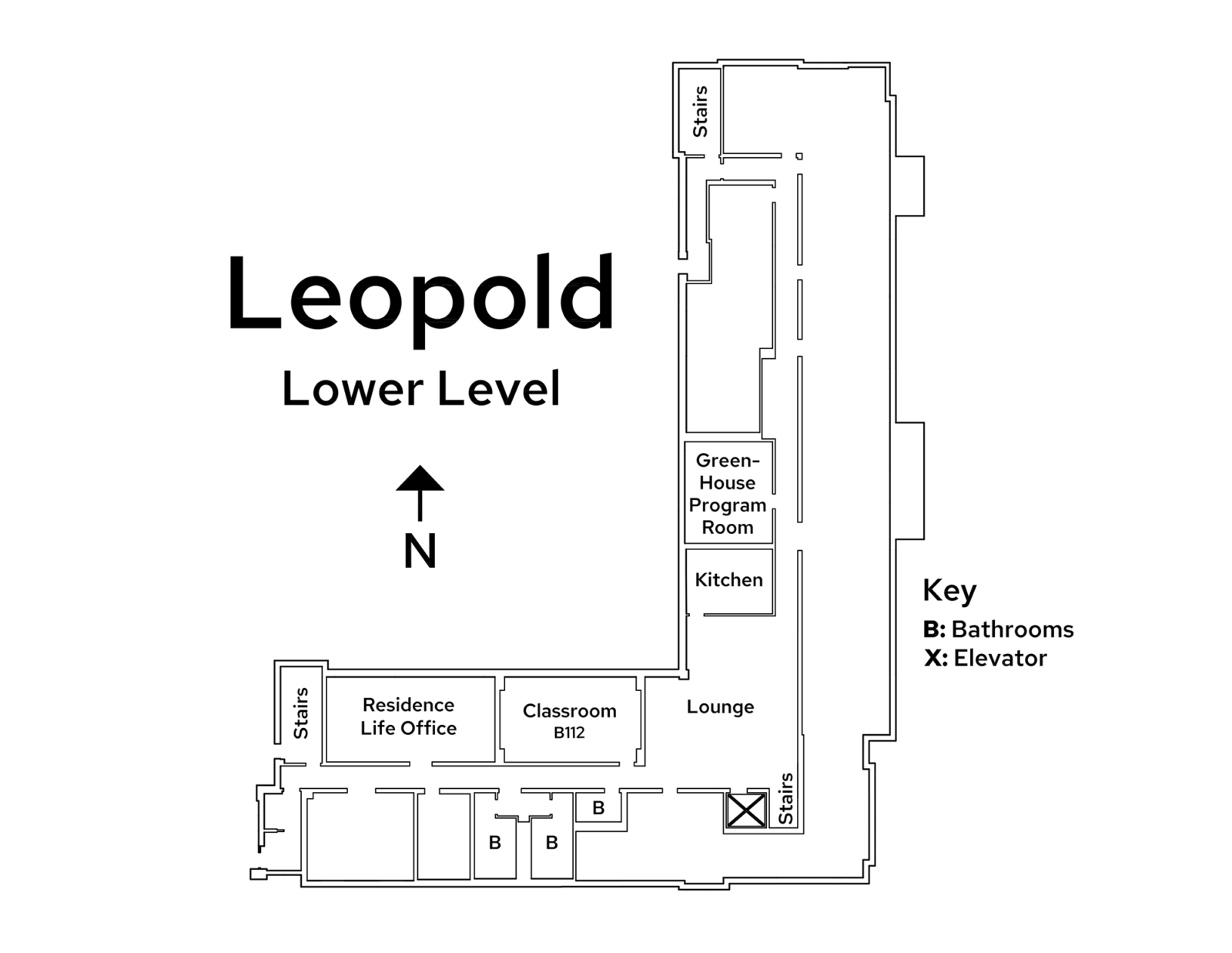 A floor plan image of Leopold Residence Hall's lower level.